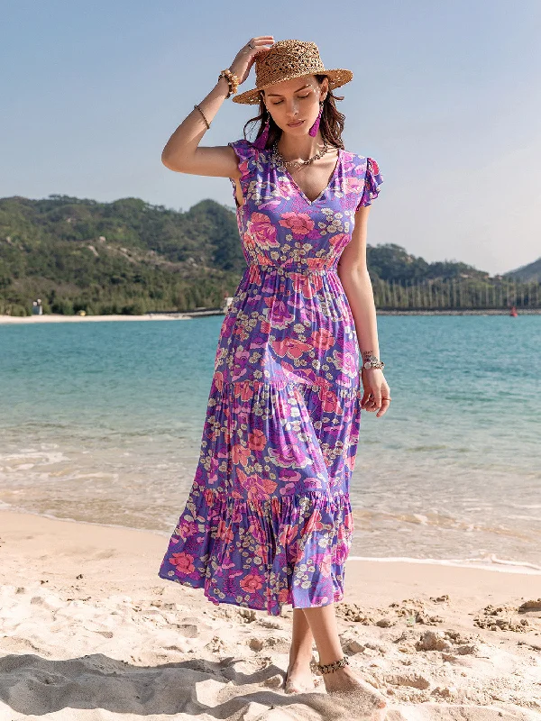 Ball Gown Women Dress with a Full Skirt for a Princess - like LookPrinted V-Neck Midi Dress