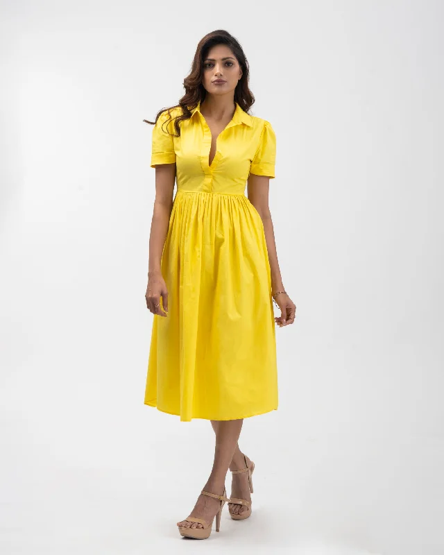 Pleated Women Dress with a Timeless and Elegant TextureSunshine Yellow Knee- length 100% cotton dress