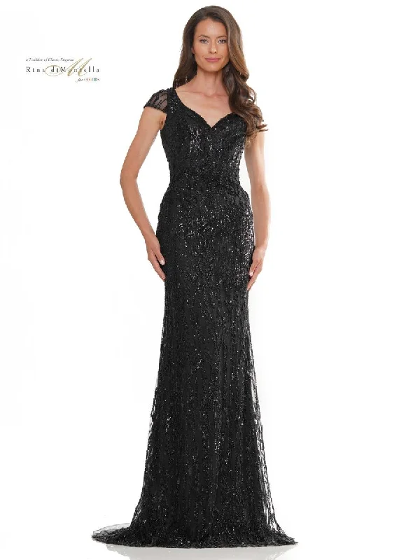 Little Black Women Dress with Sequins for a Glamorous Night OutRina di Montella RD2978 Fitted Formal Evening Long Gown