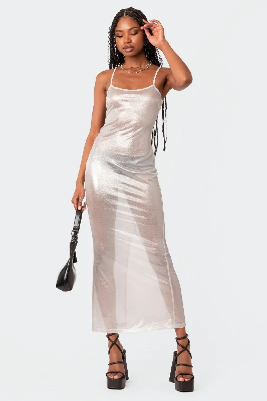 Halter Neck Women Dress to Show Off the Shoulders and NecklineNyla Sheer Glittery Back Slit Maxi Dress