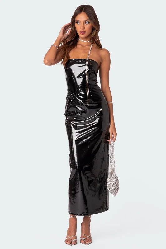 Strapless Women Dress with a Built - in Bra for Comfort and SupportVegas Vinyl Maxi Dress