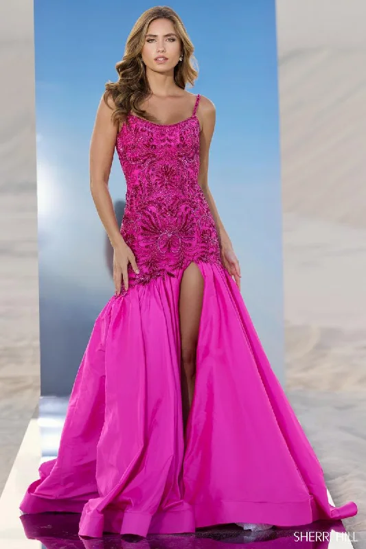 Off - the - Shoulder Women Dress for a Romantic and Feminine LookSherri Hill Dropped Waist Beaded Trumpet Dress 56831