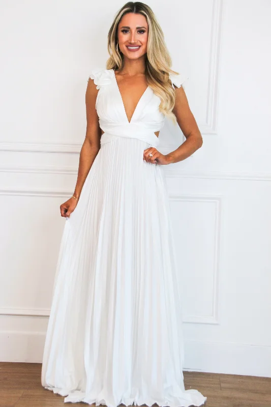 Plus Size Women Dress with a Flattering A - Line Cut for Comfort and StyleSomewhere With You Pleated Open Back Maxi Dress: White