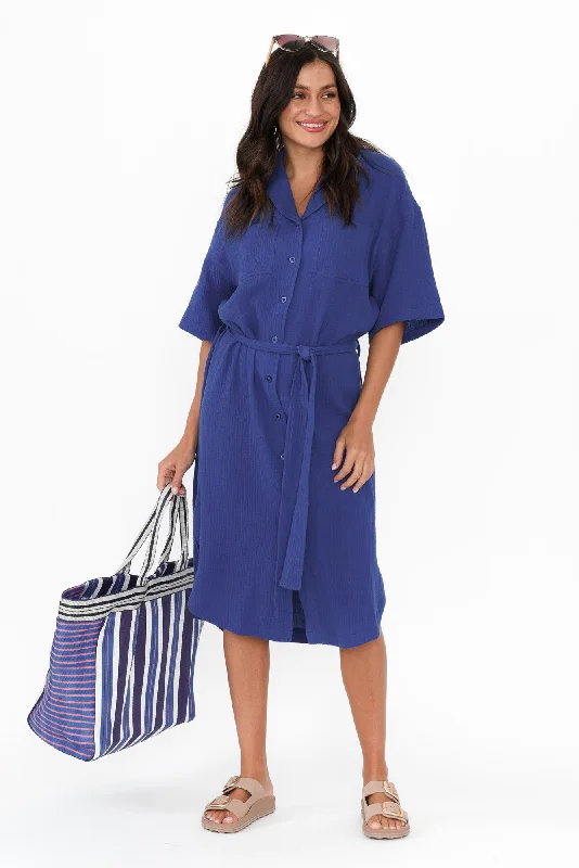 Halter Neck Women Dress to Show Off the Shoulders and NecklineTahiti Cobalt Cotton Cheesecloth Tie Dress