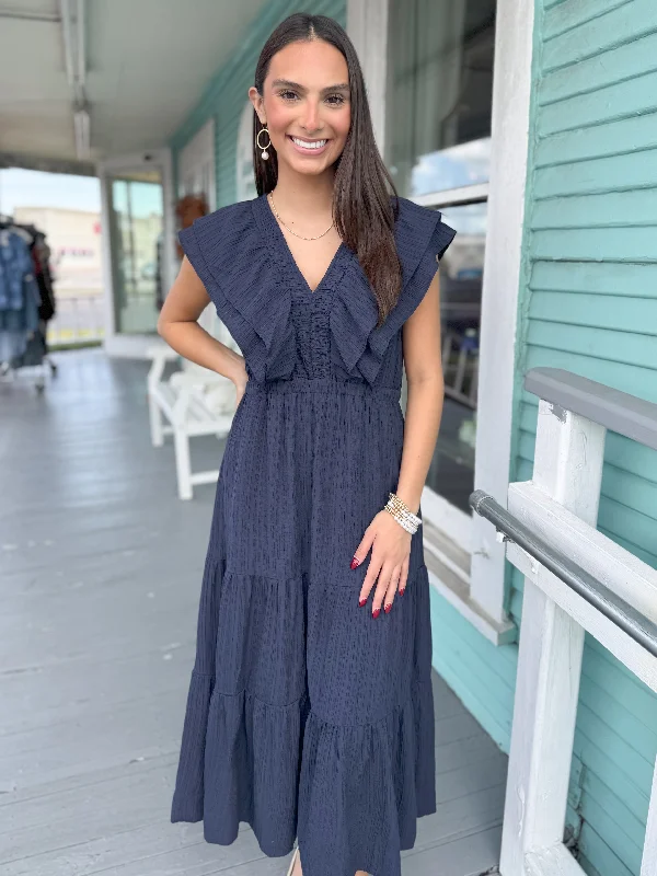 Strapless Women Dress with a Built - in Bra for Comfort and Support(THML) The Nanette Midi Dress-Navy