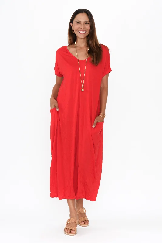 Lace - Embellished Women Dress for an Elegant and Sophisticated AppearanceTravel Red Crinkle Cotton Maxi Dress