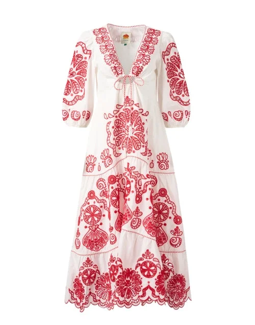 Long - Sleeve Women Dress in Velvet for a Luxurious Winter LookWhite and Red Floral Embroidered Dress