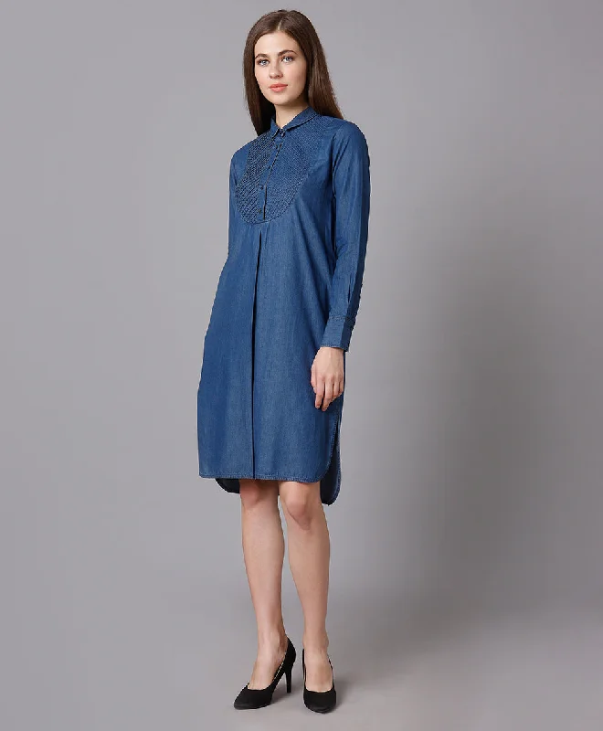 Printed Abstract Women Dress for a Modern and Artistic AppealYoke Pleated Denim Shirt Dress