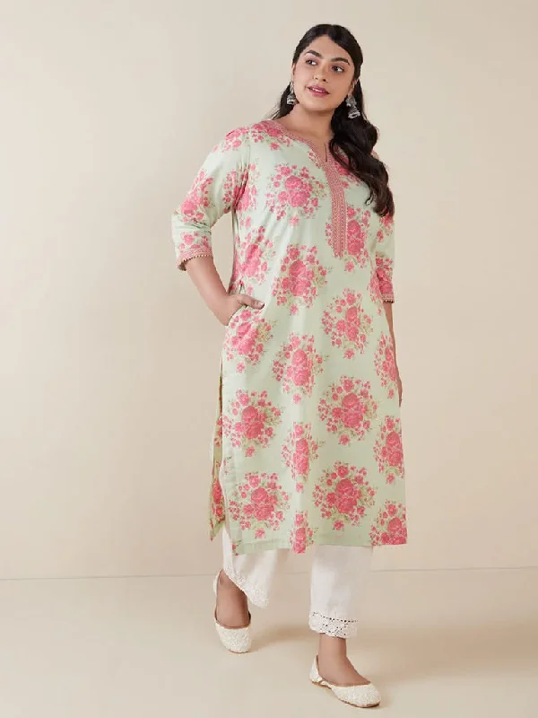 Ruffled Hem Women Shorts to Add a Feminine TouchDiza Curves Mint Floral-Printed A-Line Kurta