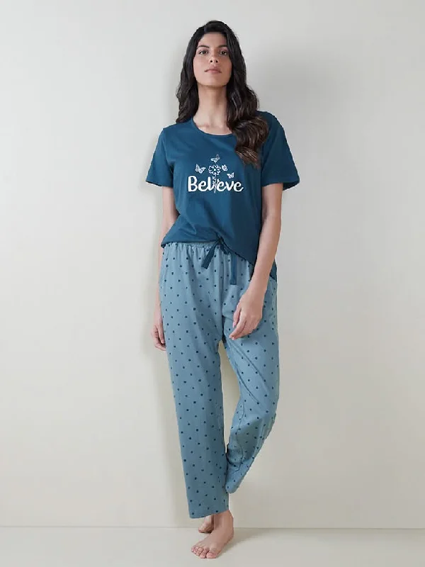 Denim Women Shorts with Distressed Details for a Casual VibeWunderlove Teal Text Printed T-Shirt